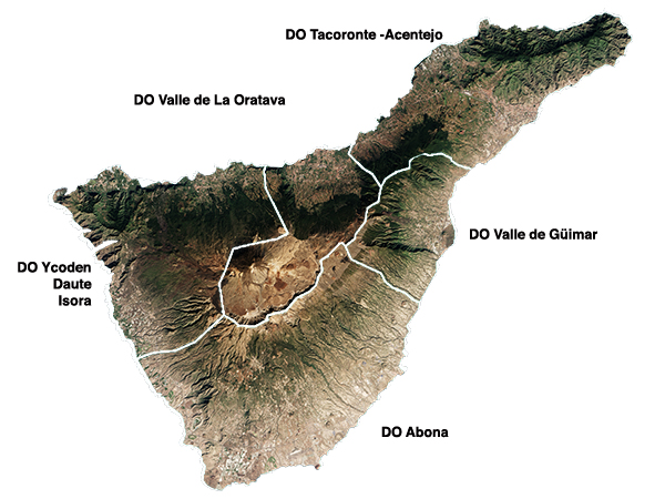 Los vinos más occidentales de Canarias tienen 5 de sus 8 denominaciones en la Isla de Tenerife. Isla rocosa de gran relieve ostenta el pico más alto, no solo de las Islas Canarias sin de España. Esta característica es un haber en la agricultura y elaboración vitivinícola de la zona imprimiendo carácter muy apreciado a sus vinos.